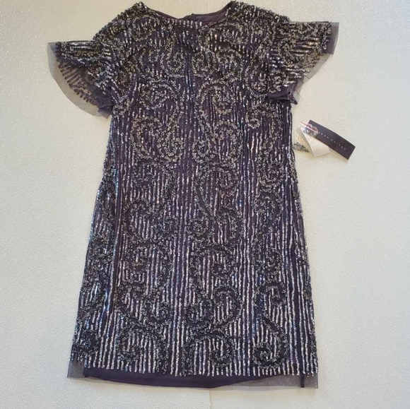 Aidan Mattox Short Sleeve Swirl Beaded Dress Gunmetal - Picture 3 of 7